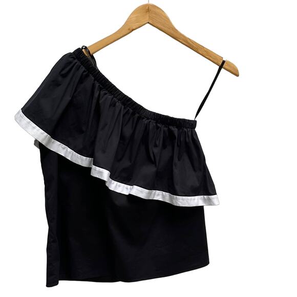 MILLY One Shoulder Ruffle Blouse Black White Size M - Picture 1 of 8